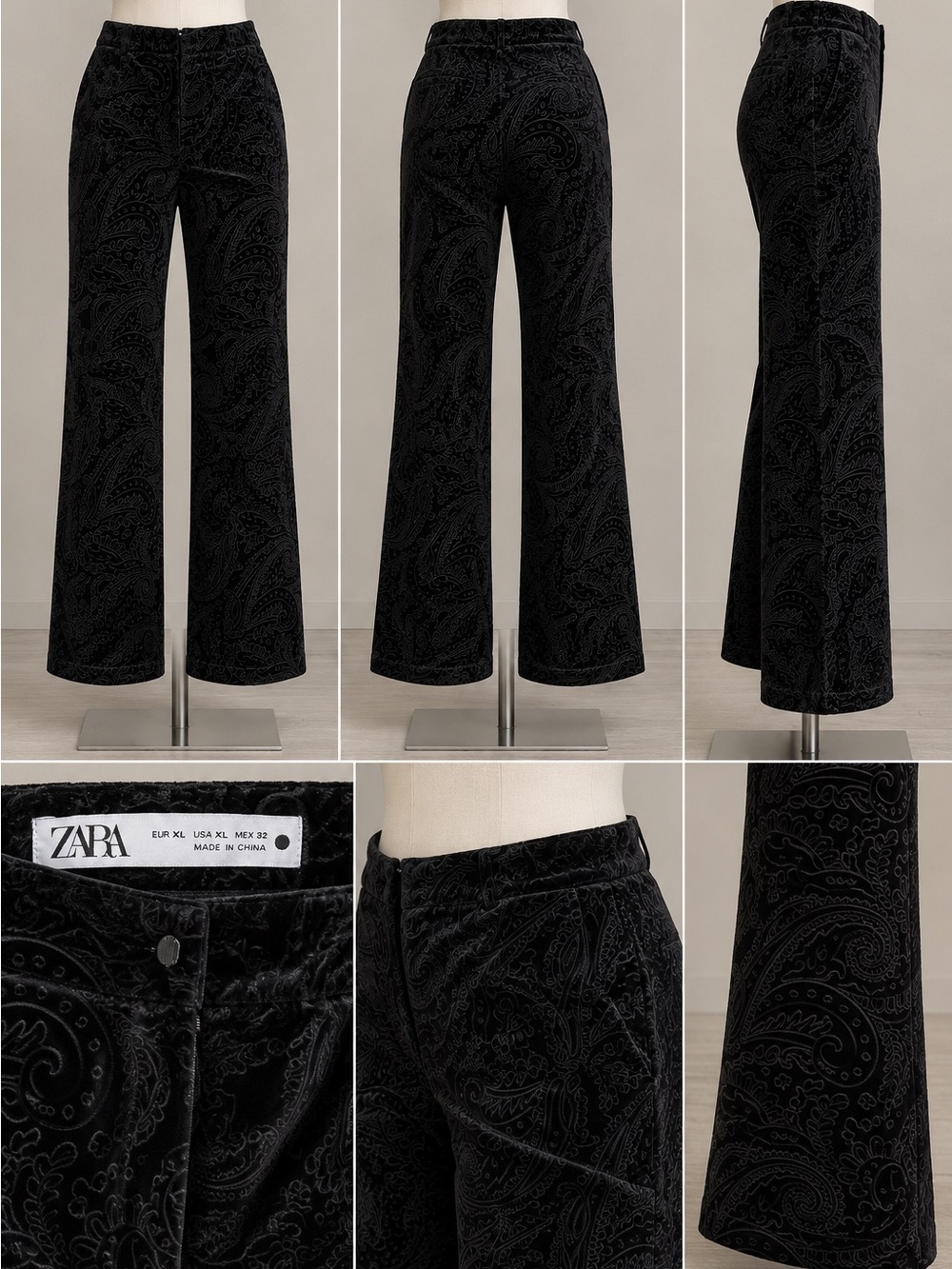 Zara Black Paisley Velvet Flared Pants High Rise NWT Size XL